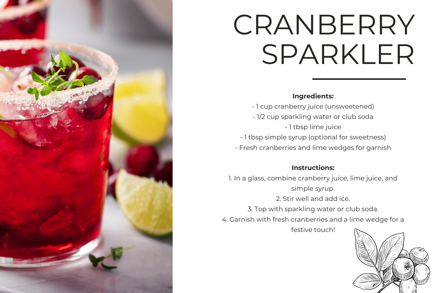 Festive Pink Red Cranberry Mocktail Holiday Christmas Drinks Recipe Card